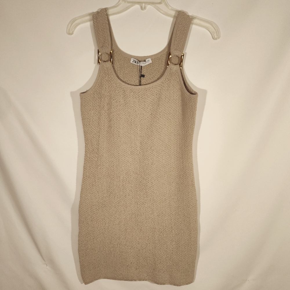NWT. Zara Beige Bodycon Knit Mini Dress Gold Tone Rings At Should  Size: Medium